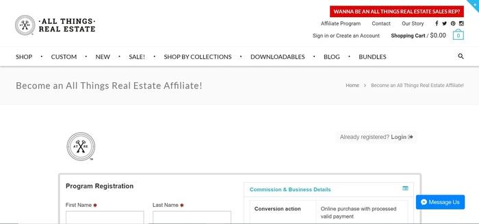 screenshot of the affiliate sign up page for All Things Real Estate