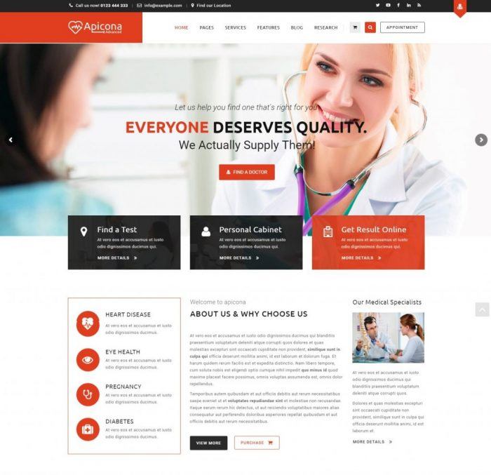 Apicona | One More Cup of Coffee The Apicona homepage with a header menu and logo, an image slideshow with slogans and a "find a doctor" button in the middle, and three links to different sections of the website. At the bottom are three widgets, one displaying the areas of medicine covered at the hospital, another displaying an "about us" message, and the last one talking about the hospital's medical specialists.