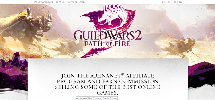 screenshot of the affiliate sign up page for ArenaNet