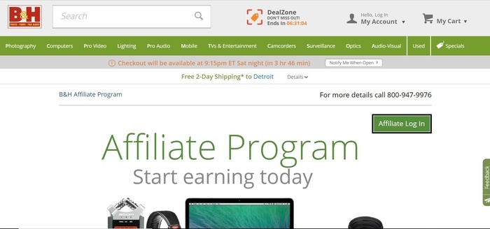 screenshot of the affiliate sign up page for B&H