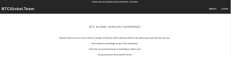 BTC Global website screenshot showing that services have been suspended. 