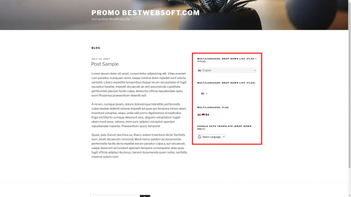 A sample post showing a language switcher in a side widget. The widget shows the available language options as well as a Google Translate option for the unavailable ones.