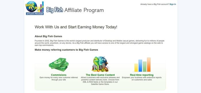 screenshot of the affiliate sign up page for Big Fish Games