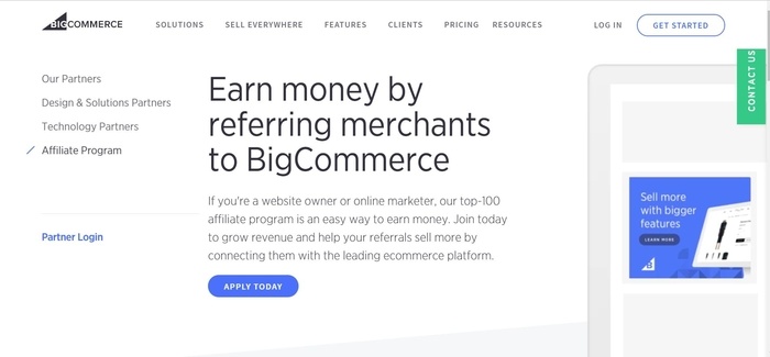 screenshot of the affiliate sign up page for BigCommerce