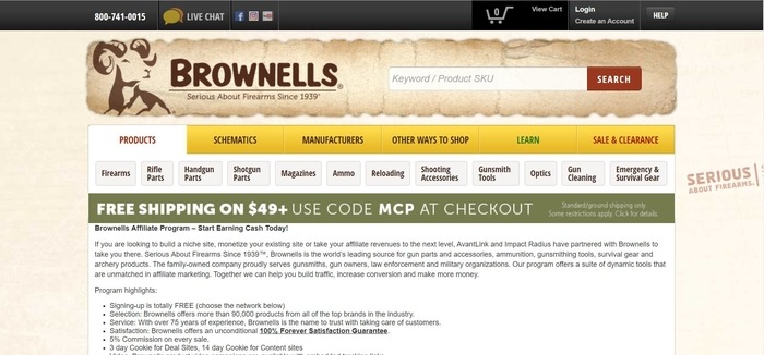 screenshot of the affiliate sign up page for Brownells