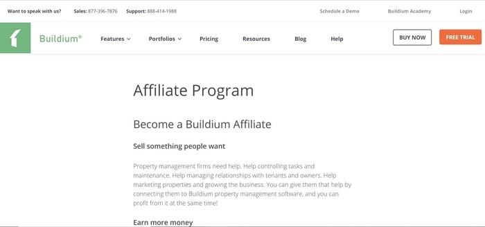 screenshot of the affiliate sign up page for Builium