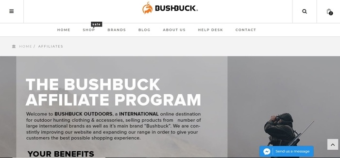 screenshot of the affiliate sign up page for Bushbuck Outdoors