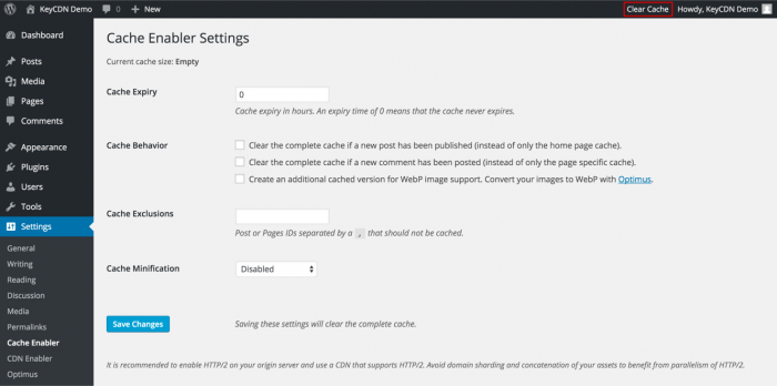 The Cache Enabler Settings tab as it appears inside the WordPress dashboard. The admin can determine the settings for cache expiry, cache behavior, cache exclusion, and minification.