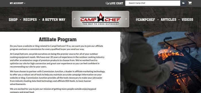 screenshot of the affiliate sign up page for CampChef