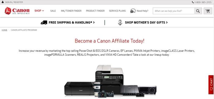 screenshot of the affiliate sign up page for Canon