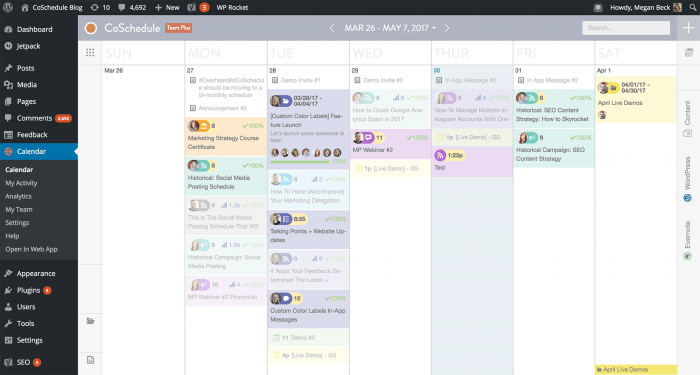 The CoSchedule calendar showing overviews of the posts to be shared inside each day's slot.