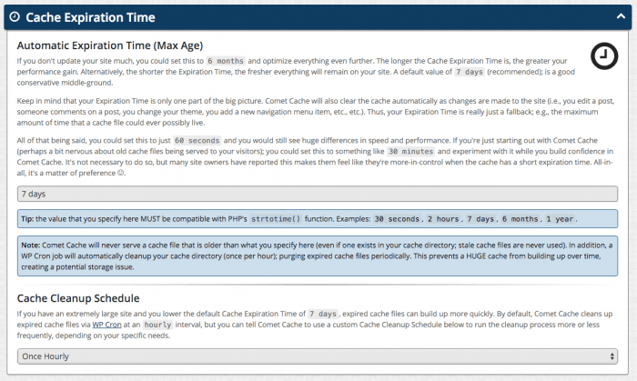 The Cache Expiration Time settings page. Following the page's header title, there are a few paragraphs explaining the feature, followed by a few tips and a field for the chosen duration. At the bottom is the Cache Cleanup Schedule feature with a field for the interval.