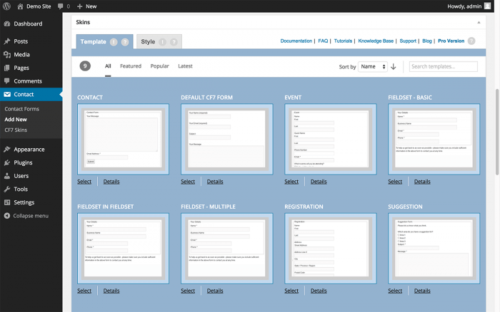 The dashboard showing the plugin's different form templates. There are templates for contact, event, registration, and suggestion forms among others.