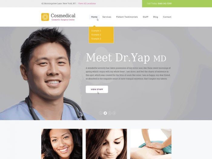 Cosmedical | One More Cup of Coffee The Cosmedical homepage, with a header menu at the top, a background image with a text on top of it in the middle, and a grid layout at the bottom.