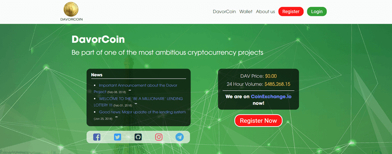 DavorCoin website screenshot showing a bright green background with various dots and lines. 