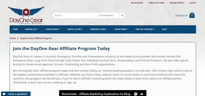 screenshot of the affiliate sign up page for DayOne Gear