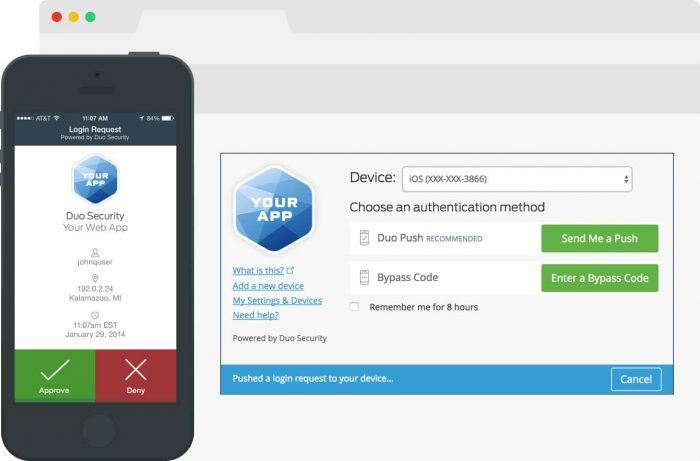 Duo | One More Cup of Coffee The Duo Security mobile app showing a request with "approve" and "deny" option. On the right are the app's settings. There is a field for the device, and two authentication options to choose from: Duo Push and Bypass Code.