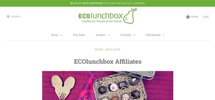 screenshot of the affiliate sign up page for ECOlunchbox