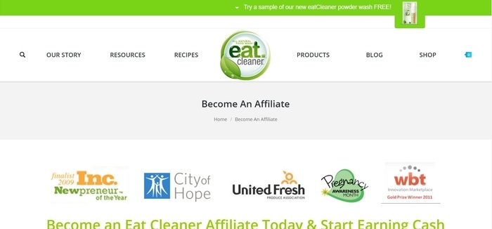 screenshot of the affiliate sign up page for Eat Cleaner