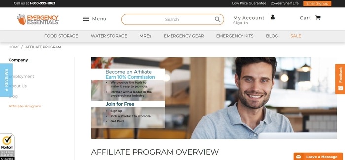 screenshot of the affiliate sign up page for Emergency Essentials