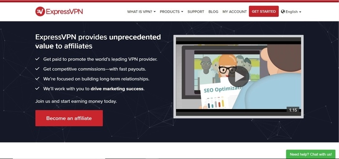screenshot of the affiliate sign up page for ExpressVPN