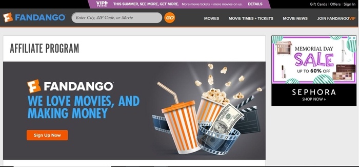 screenshot of the affiliate sign up page for Fandango