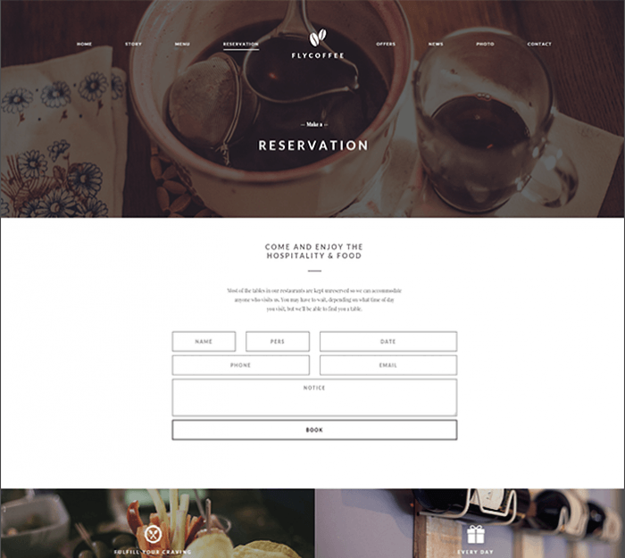 FlyCoffee | One More Cup of Coffee A reservation page with fields for all of the details about the reservation (name, number of people, date, etc.) and some text content above the form. At the top is a header with a background image and a menu bar.
