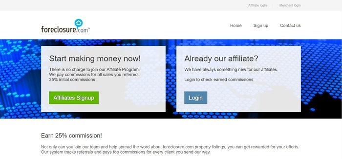 screenshot of the affiliate sign up page for Foreclosure.com