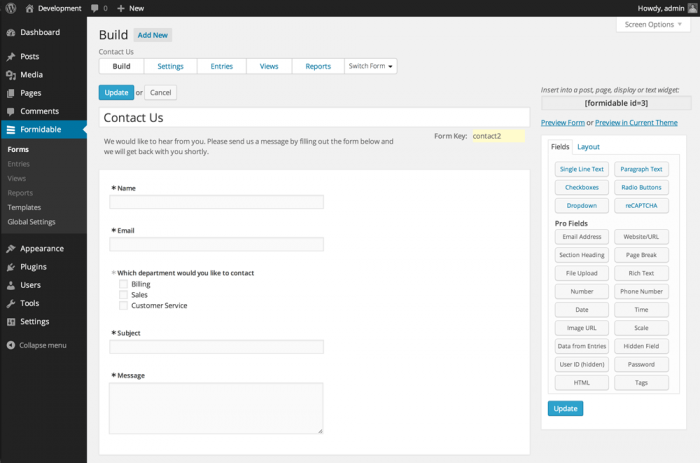 The WordPress dashboard opened on the plugin's form builder. The form being created is a "Contact Us" form. In the middle is the form's current state, and on the right there is a widget displaying all of the fields that can be added to the form.