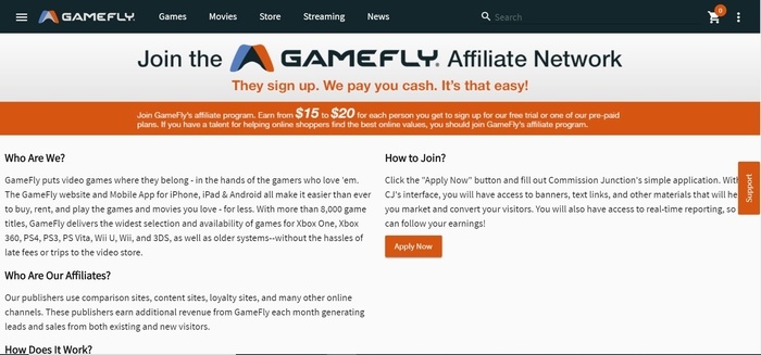 screenshot of the affiliate sign up page for GameFly