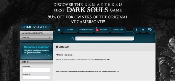 screenshot of the affiliate sign up page for GamersGate