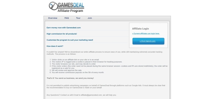 screenshot of the affiliate sign up page for GamesDeal