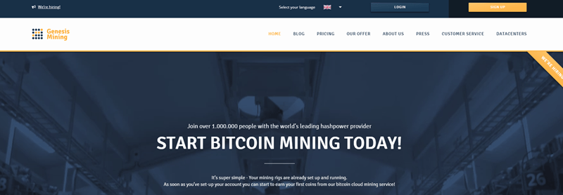 Genesis Mining website screenshot showing a background image of their servers in blue. 