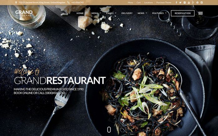 Grand Restaurant | One More Cup of Coffee The Grand Restaurant homepage with a full-screen background image, a navigation menu bar at the top, and a welcome text in the center.