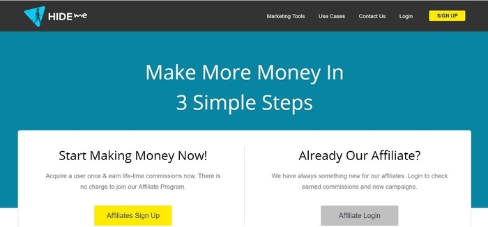 screenshot of the affiliate sign up page for Hide.me
