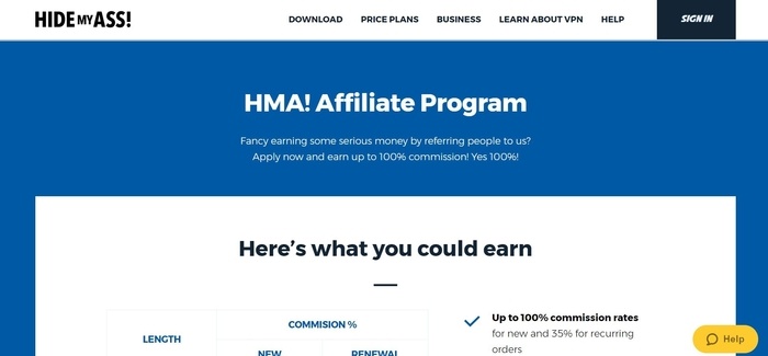 screenshot of the affiliate sign up page for Hide My Ass