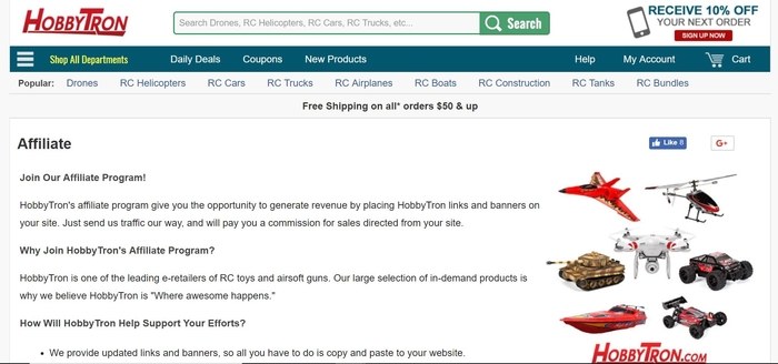 screenshot of the affiliate sign up page for HobbyTron