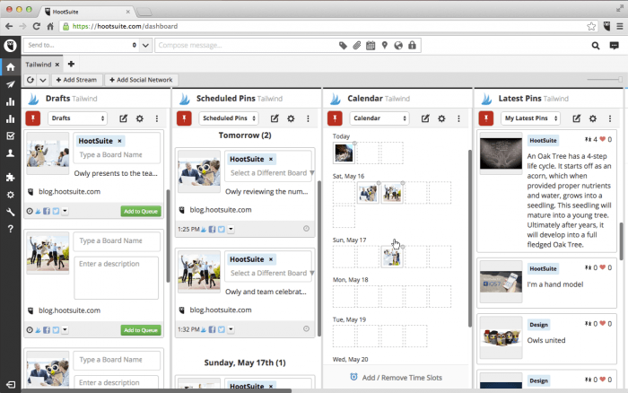 The HootSuite dashboard with four columns for the drafts, scheduled pins, calendar, and latest pins respectively. The drafts and scheduled pins columns show post previews with thumbnails. The calendar column represents the days with thumbnails of the scheduled posts. The latest pins column shows overviews of posts.