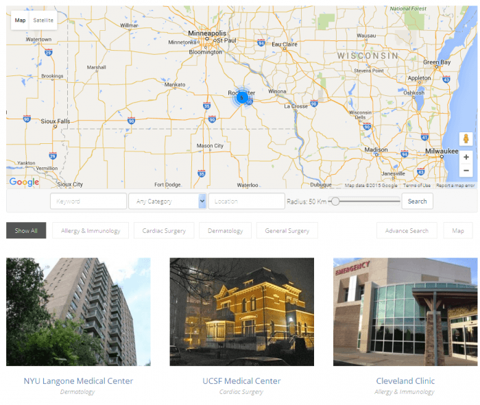 Hospital and Doctor Directory | One More Cup of Coffee A Google map with a search engine in the top half and listings in the bottom half. The search engine has keyword, category, and location fields. Each of the listings appears with a featured image, name, and specialty.