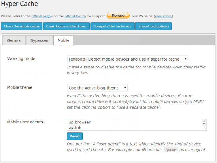 The Hyper Cache mobile settings tab. There are settings for the working mode, mobile theme, and mobile user agents. The other tabs are for general settings and bypasses.