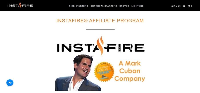 screenshot of the affiliate sign up page for InstaFire