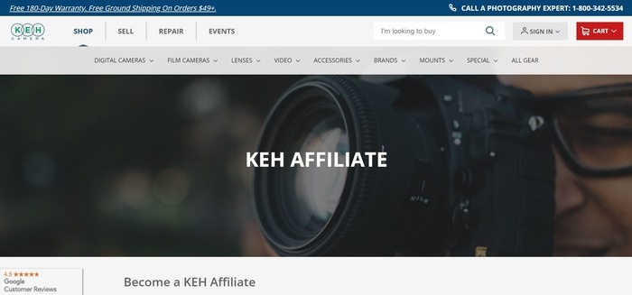 screenshot of the affiliate sign up page for KEH Camera