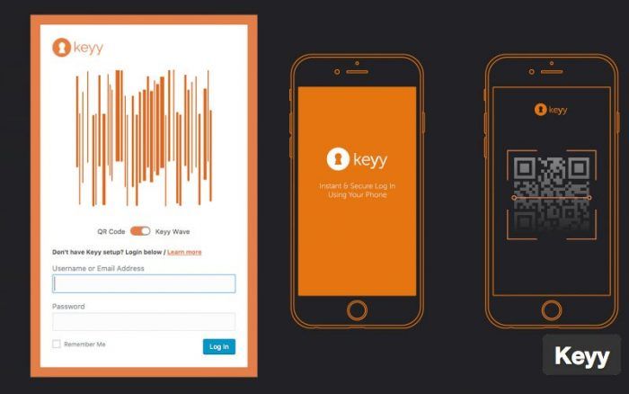 Keyy | One More Cup of Coffee The Keyy verification screen inside the mobile app where the Keyy Wave option is activated. The other option is QR code, and at the top is a drawing of the wave. At the bottom are the login fields. On the right of the screen is a picture of the app's opening screen and another with a QR code inside the app.