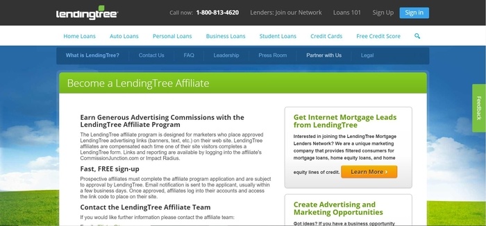 screenshot of the affiliate sign up page for LendingTree