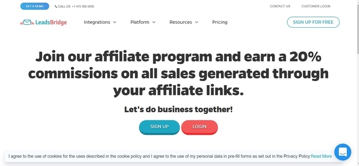 screenshot of the affiliate sign up page for LeadsBridge