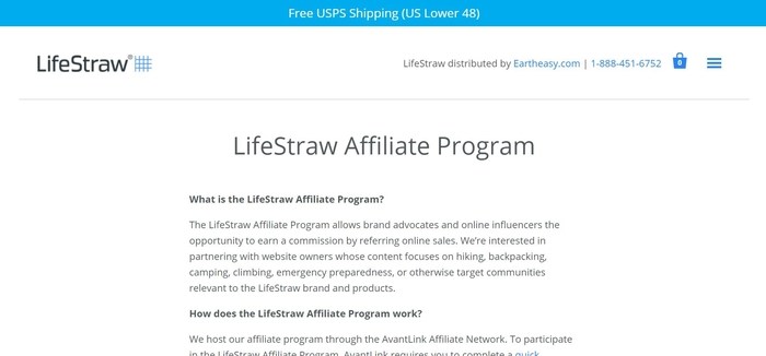 screenshot of the affiliate sign up page for LifeStraw