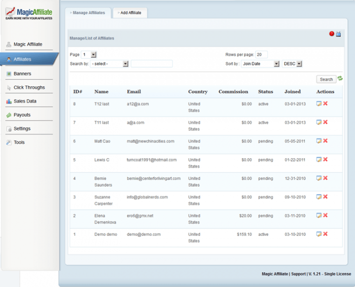 Magic Affiliate | One More Cup of Coffee A list of affiliates as it appears inside the MagicAffiliate dashboard. Each affiliate in the list appears with an ID, name, email address, country, commission, status, and date of joining.