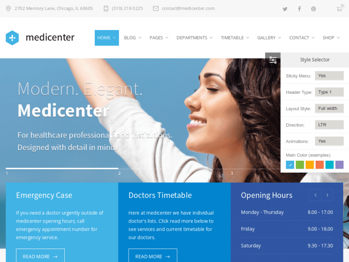 MediCenter | One More Cup of Coffee The MediCenter homepage. A the top is the logo and a navigation menu. At the center is a slogan with a background image. At the very bottom are separate widgets for emergency cases, doctors' timetable, and opening hours. On the right appears a style selector which enables you to adjust the page's elements and colors.
