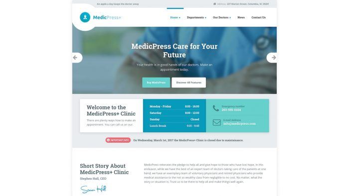 MedicPress | One More Cup of Coffee The MedicPress homepage showing a logo and a navigation menu in the header, a background image with a slogan at the center, and the opening hours and contact information below that. At the very bottom is a testimonial section.