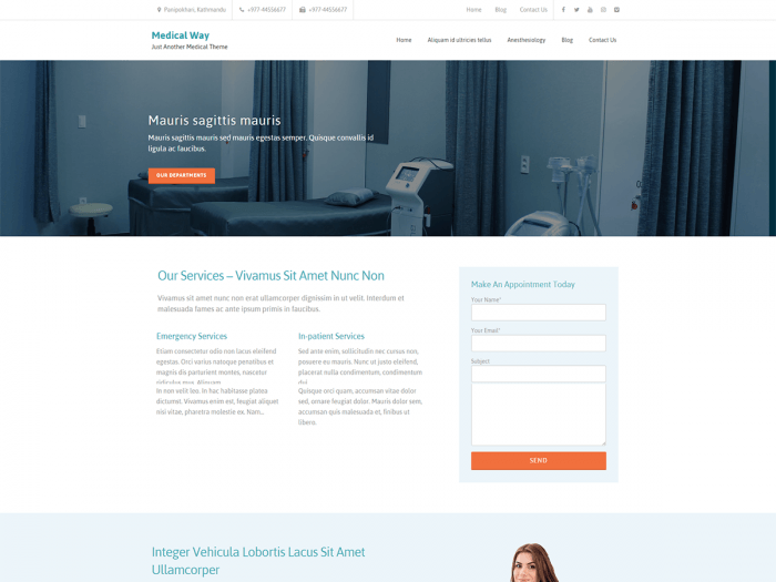 Medical Way | One More Cup of Coffee The Medical Way homepage. At the top is a header menu, and in the middle is a background image with a slogan on top of it. At the bottom is an "Our Services" section with an appointment booking form next to it.